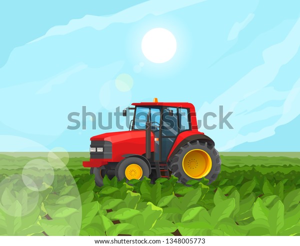 緑の背景に赤い農業用トラクターのベクターイラスト のベクター画像素材 ロイヤリティフリー