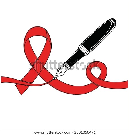 Vector illustration of a red AIDS awareness ribbon being drawn with a fountain pen on white background, symbolizing support and education.