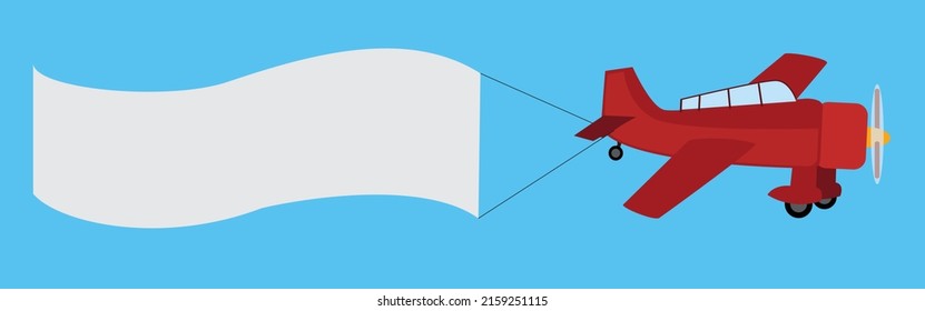 A vector illustration of a red airplane with blank poster on a bright blue background