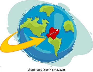 Vector illustration of a red airplane Flying around the world