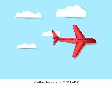 Vector illustration of a red airplane flying through white clouds in a clear blue sky, perfect for travel and transportation themes.