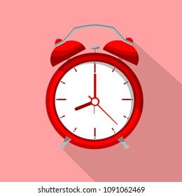 Vector illustration of red alarm clock isolated on light red background in flat style. 