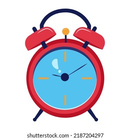 Vector illustration of red alarm clock, isolated on the white background. Retro alarm clock with a hammer, flat style. Time to wake up for school and work. Ringing alarm clock. Morning.Symbol of time.