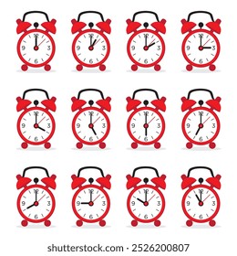 Vector illustration of red alarm clock pointing at 12 o'clock to 11 o'clock. Time management concept