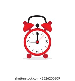 Vector illustration of red alarm clock at 9 o'clock. Time management concept