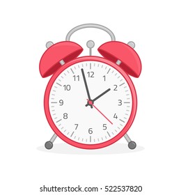 Ilustración vectorial del reloj despertador rojo aislado en fondo blanco. Diseño moderno y plano. Icono de Reloj de alarma. 