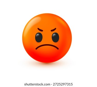 Ilustración vectorial de cara de emoji rojo enojado. Diseño de estilo 3D de emoticono serio. Cara de emoción fruncida. Icono de personaje loco divertido. Sentimiento enojado y expresión facial insatisfecha para las redes sociales, pegatina