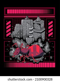 vector illustration of a red ant, raging in the city, on a modern geometric background, perfect for the design of t-shirts, jackets, clothing, cat lovers merchandise.