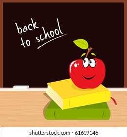 Vector Illustration of red apple, books and black board with "Back to school" sign.