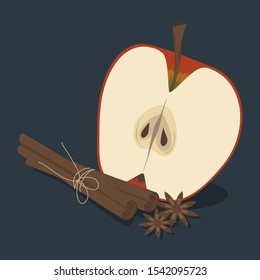 Vector illustration. Red apple, cinnamon sticks and star anise