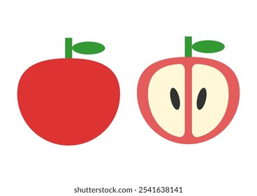 Ilustração vetorial da maçã vermelha. Vista frontal e seção transversal. Frutas ícones bonitos. Fundo branco.