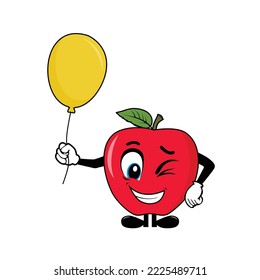 Vector illustration of red apple fruit cartoon character holding yellow balloon
