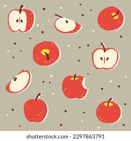 Vector illustration of red apple fruit pattern. Juicy organic fruits background for fabric, paper, decor, decoration, print. Apples isolated.