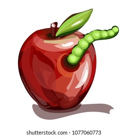 Vector illustration of red apple and green caterpillar inside of it.