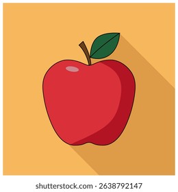A vector illustration of a red apple with a green leaf set against a yellow background