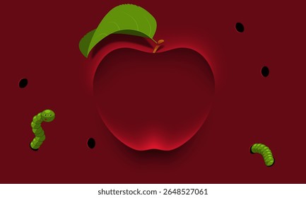 Ilustração vetorial de uma maçã vermelha com folha verde e dois vermes de desenho animado rastejando ao redor. Divertido e colorido conceito de frutas, natureza e pragas