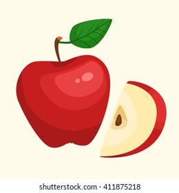 Vector illustration of red apple with leaf. Organic diet food. Element for your food design, menu.