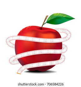 Vector illustration of red apple and measure tape isolated on white background. Fruit helps to control weight. And give you many benefits.