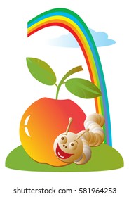Vector illustration of a red apple on the green grass, cheerful worm and rainbow in the sky.  Isolated on a white. Cartoon on the theme of ecology