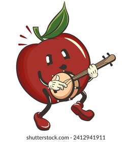 vector illustration of a red apple orange character mascot playing a banjo musical instrument, work of handmade