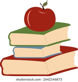 Vector illustration of a red apple resting on a stack of three books (green, blue, red covers) on a white background in cartoon style. Ideal for education, school, or reading themes.