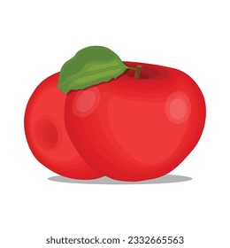 Vector illustration of red apple set.Cartoon isolated whole delicious juicy fruit and cut into portion slices, half and quarter pieces, with organic fruity apples, and green leaves
