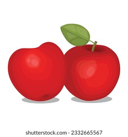 Vector illustration of red apple set.Cartoon isolated whole delicious juicy fruit and cut into portion slices, half and quarter pieces, with organic fruity apples, and green leaves