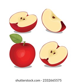 Ilustración vectorial del conjunto de manzanas rojas.Caricatura aislada fruta jugosa entera y cortada en rodajas de porciones, medias y cuartos de piezas, con manzanas frutales orgánicas y hojas verdes