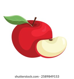 Vector illustration of a red apple with a slice cut off with a twig and a green leaf