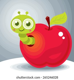 Vector Illustration of a red apple with a worm