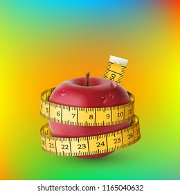 Vector illustration of red apple with yellow measuring tape on vibrant gradient bckground as concept of diet. The tailor centimeter ribbon is wrapped around a fresh wet apple