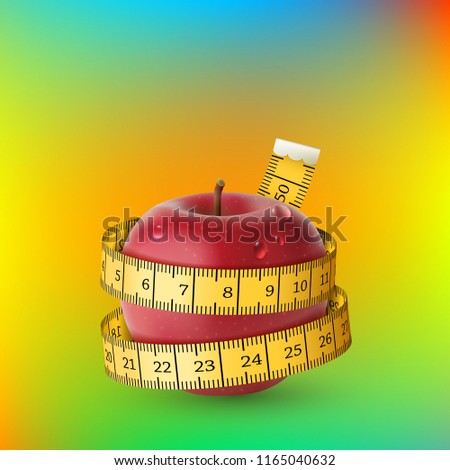 Vector illustration of red apple with yellow measuring tape on vibrant gradient bckground as concept of diet. The tailor centimeter ribbon is wrapped around a fresh wet apple