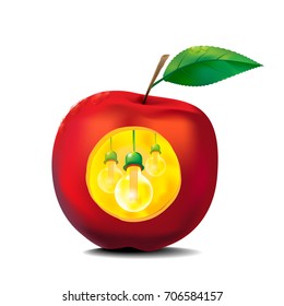 Vector illustration of red apples represent knowledge. The light bulb represents the idea. Continue to learn new things.