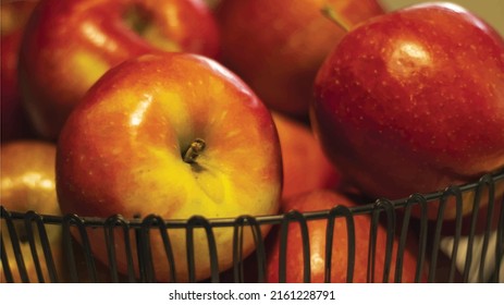 Ilustración vectorial de manzanas rojas con manchas amarillas. En primer plano el borde de un tazón de alambre. Cultivos estacionales, estilo de vida saludable. Salud y belleza.
