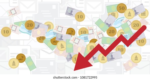 vector illustration of red arrow and money flow for business crash and stock market crisis 