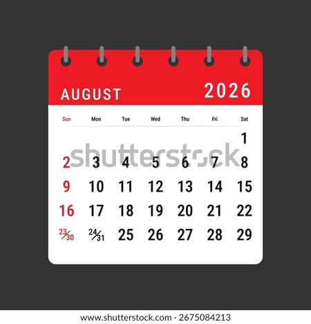 Vector illustration of red August 2026 calendar layout, clean and modern design template