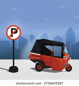 Vector illustration of a red auto rickshaw parked near a no parking sign on a city street with urban skyline background