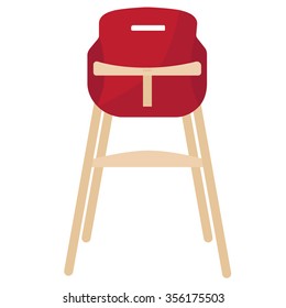 Vector illustration red baby chair for feeding. High wooden chair. 