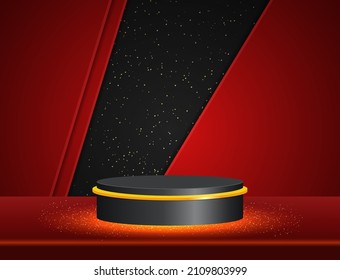 Vector illustration red background with shining sparkle stage black podium
