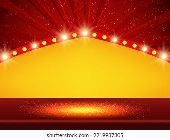 Vector illustration red background with shining sparkle stage podium and golden arch for design