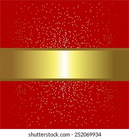 Vector illustration of Red background with sparkles. Gold  ribbon