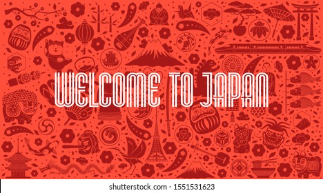 Vector illustration red background. World of Japan pattern with modern and traditional elements. 2020 trend. XXXII Summer Olympics games. Tokyo 2020. Traditional Japanese symbol.