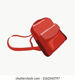 vector illustration of a red backpack with harnesses. Fashionable leather pink bag with pocket for woman. For clothing stores and travel, postcards, brochures banners with discounts. Isolated.