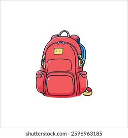 Vector Illustration of a Red Backpack with Yellow Label and Blue Accents