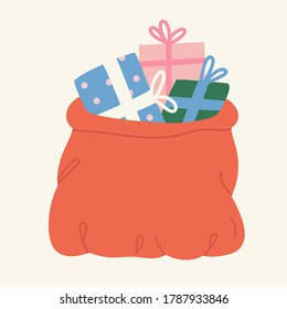 Vector illustration of the red bag with three gifts in blue, green, and pink colours. Hand-drawn set in flat style. Concept of Christmas holidays, birthdays, surprise, special giveaway package.