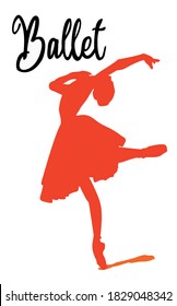 Vector illustration of Red Ballerina. Young ballet dancer dressed in professional outfit. Vector illustration of classical dancer for card, dress, book, poster, dancer studio. Inscription Ballet.