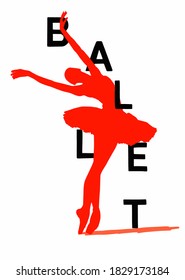 Vector illustration of Red Ballerina. Young ballet dancer dressed in professional outfit. Vector illustration of classical dancer for card, dress, book, poster, dancer studio. Inscription Ballet.
