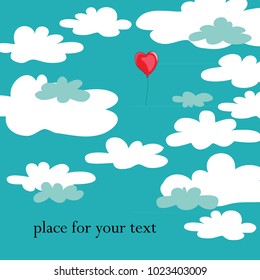 Vector illustration of red balloon flying among the white clouds in the blue sky.