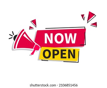 Vector Illustration Red Banner now open With Megaphone. Web Element.

