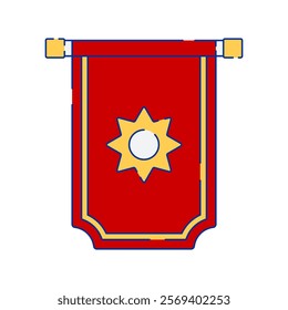 A vector illustration of a red banner with a yellow border and a sun symbol in the center. The sun-like symbol has eight rays. Ideal for themes related to flags, emblems, and cultural symbols